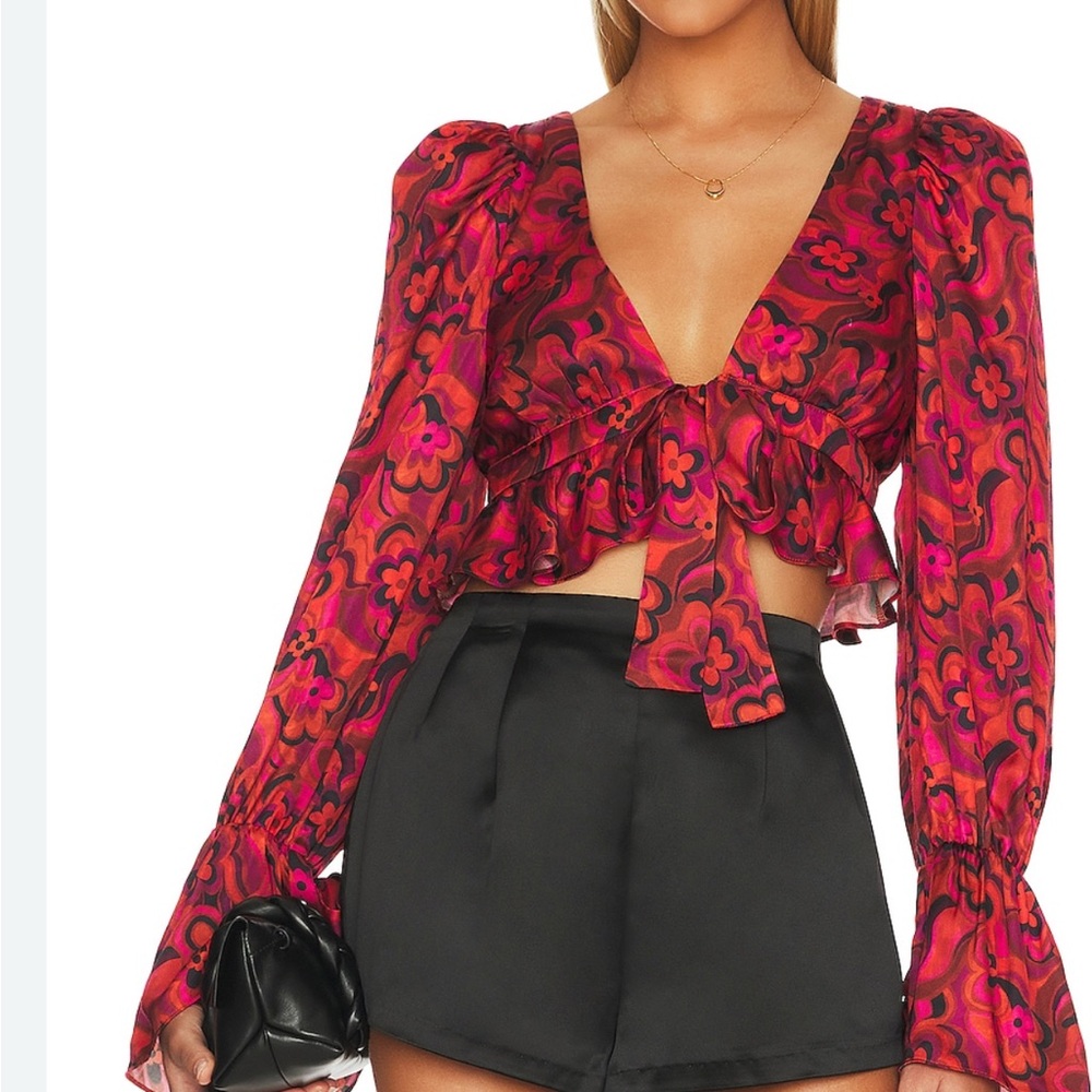 For Love And Lemons Red and Black Ruffled Tie Front Blouse